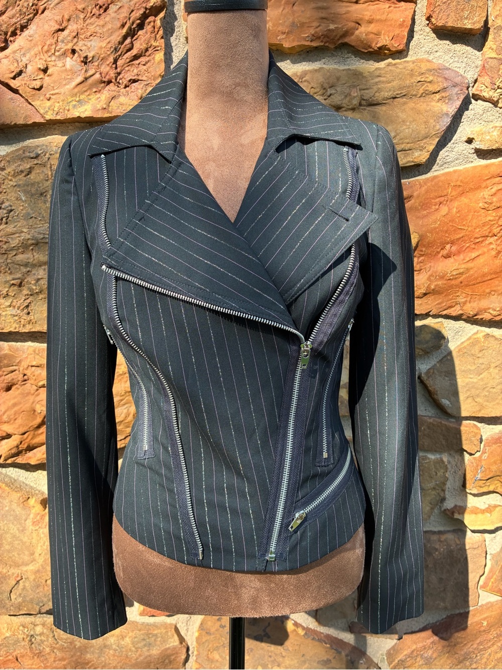 bebe Black Pinstripe Asymmetrical Moto Blazer